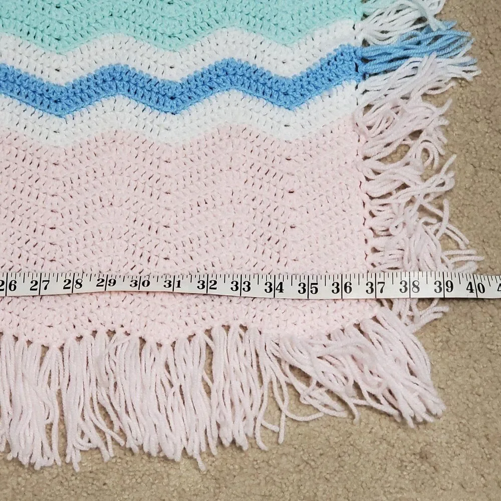 Handmade Crochet Chevron Ripple Baby Blanket Lap Afghan Multicolor With Fringe